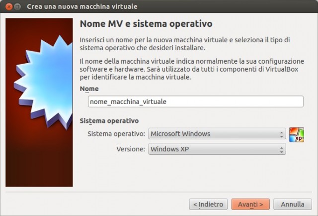 VirtualBox - Nome e tipo sistema operativo