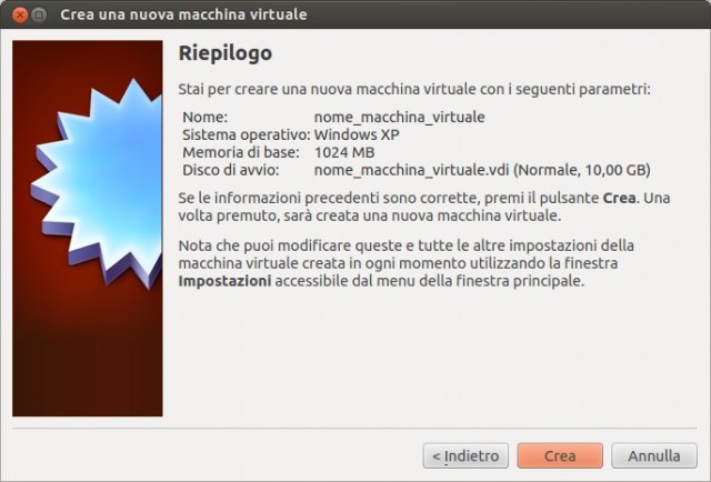 VirtualBox - Riepilogo wizard