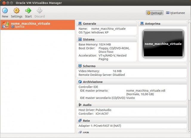 VirtualBox - Elenco macchine virtuali